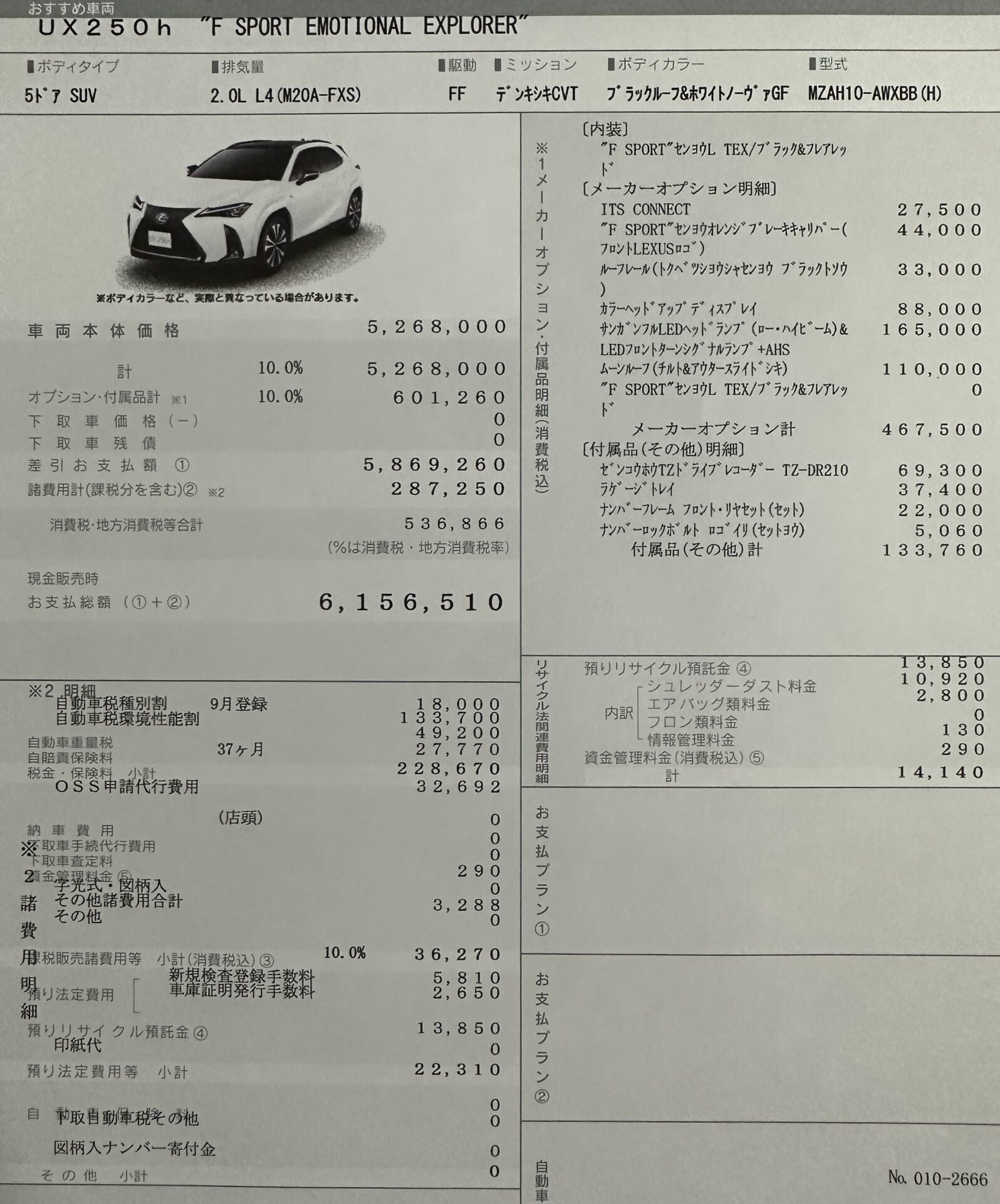 レクサスUX250hの実際の見積書