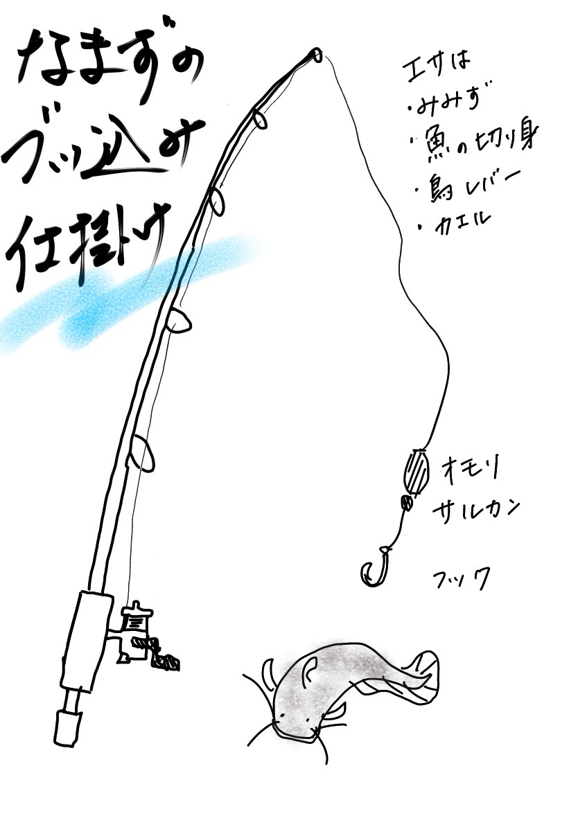 ナマズのブッコミ釣り仕掛けを描いた手書き図